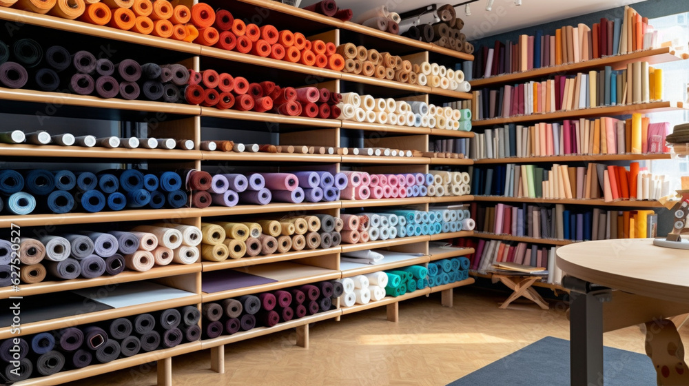 custom made wallpaper toronto digitalFabrics and fabric rolls organized on shelves. Workshop and shop for fashion designers, dressmakers, pattern makers and tailors. Cloth store. Shelves and walls full of organized fabrics.