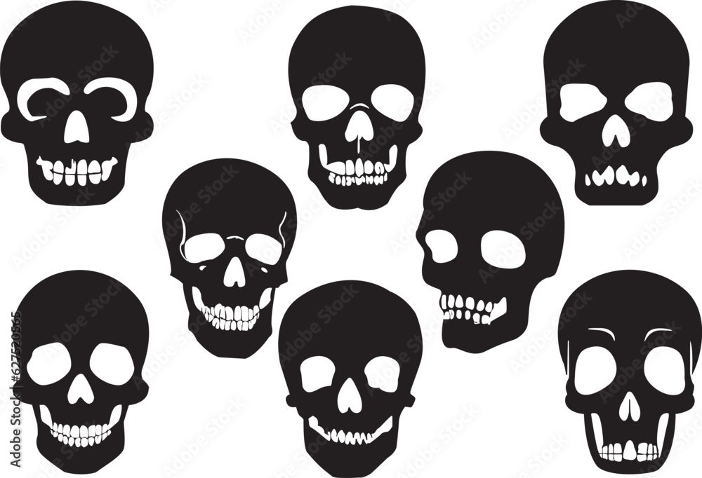Set of black and white skull vectors. Set of skull silhouettes. Set of skull icons. Vector illustration. Set of black and white skull vectors. Set of skull silhouettes. Set of skull icons. Vector illustration.