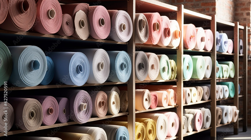 Fototapeta premium Fabrics and fabric rolls organized on shelves. Workshop and shop for fashion designers, dressmakers, pattern makers and tailors. Cloth store. Shelves and walls full of organized fabrics.