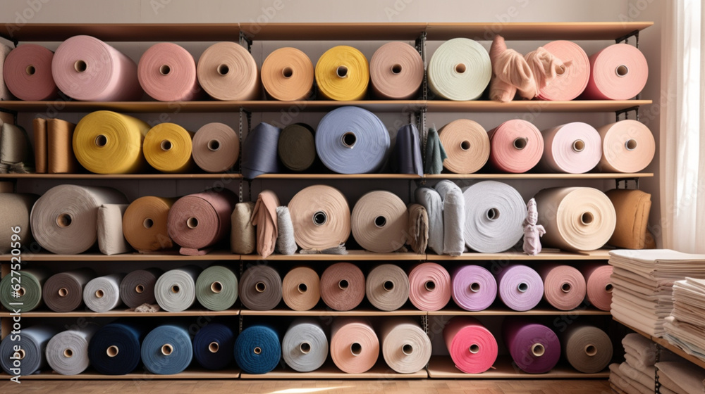 Fototapeta premium Fabrics and fabric rolls organized on shelves. Workshop and shop for fashion designers, dressmakers, pattern makers and tailors. Cloth store. Shelves and walls full of organized fabrics.