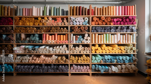 Fabrics and fabric rolls organized on shelves. Workshop and shop for fashion designers, dressmakers, pattern makers and tailors. Cloth store. Shelves and walls full of organized fabrics.