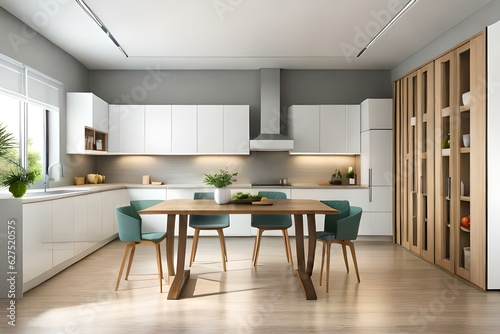Interior design or bright white modern kitchen, fresh vegetables fruit wooden table, empty renovated furnished studio or flat apartment for rent, mortgage, real estate, renovation services concept. © Nyetock
