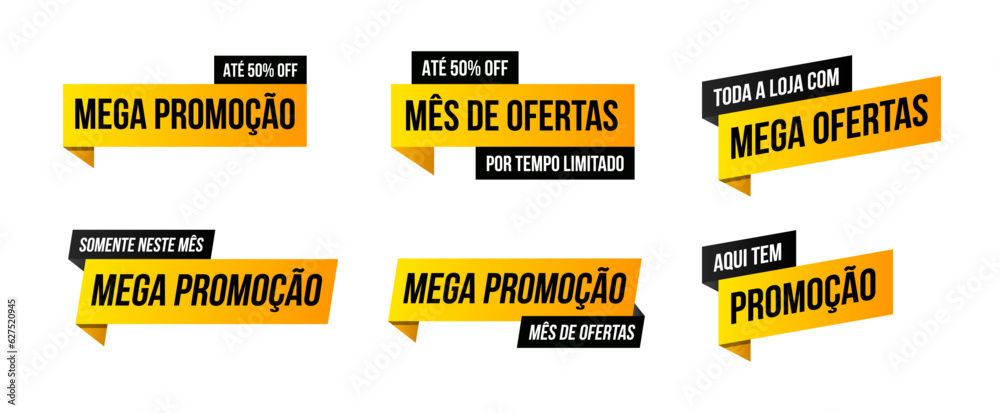 Coleção de etiquetas de venda. Mega Promoção, mês de oferta, aqui tem promoção. Etiquetas de promoção para lojas.