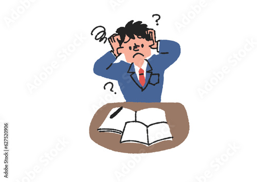 勉強がわからず悩む学生の男の子のイラスト