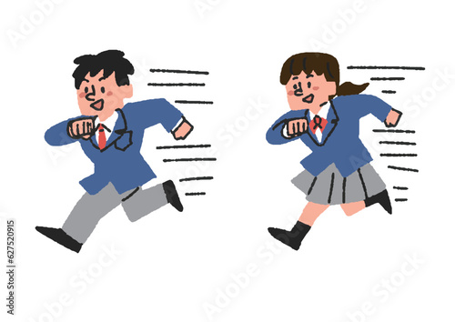 勢いよく走っている学生の男女のセット