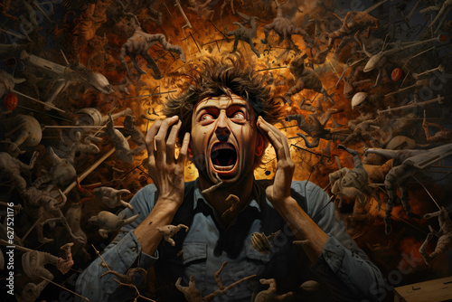  An illustration of a schizophrenic person. The chaos of schizophrenia. a visual representation of the disordered thoughts and perceptions characteristic of schizophrenia