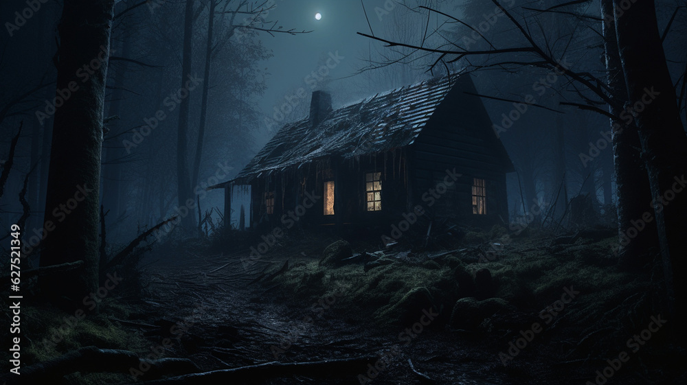 Haunted spooky cabin house in the woods lit by the moon Haunted spooky cabin house in the woods lit by the moon