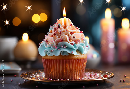 birthday cupcakes with blur background colorful balloons realistic image  ultra hd  high design very