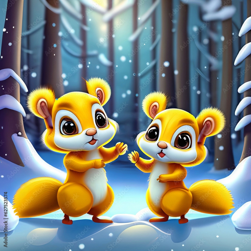 cute adorable two baby squirrels dancing in the snow in the forest rendered in the style of animated cute adorable two baby squirrels dancing in the snow in the forest rendered in the style of animated