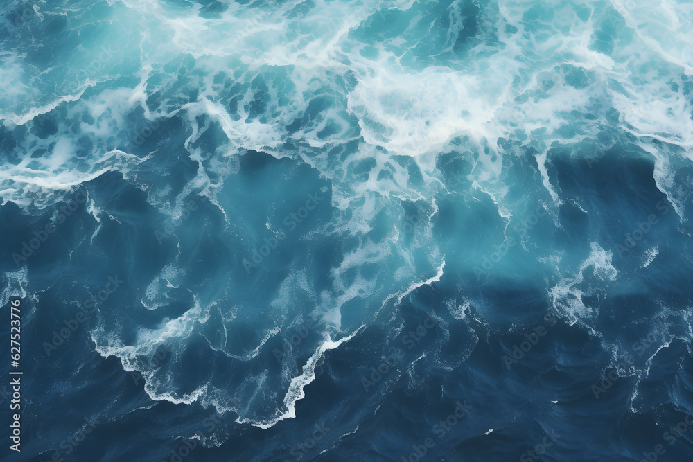 top view waves of the sea background of seawater flow under light exposure, AI generate