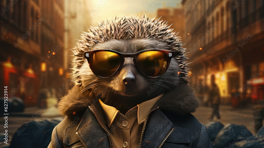 anthropomorphic hedgehog spy, digital art illustration