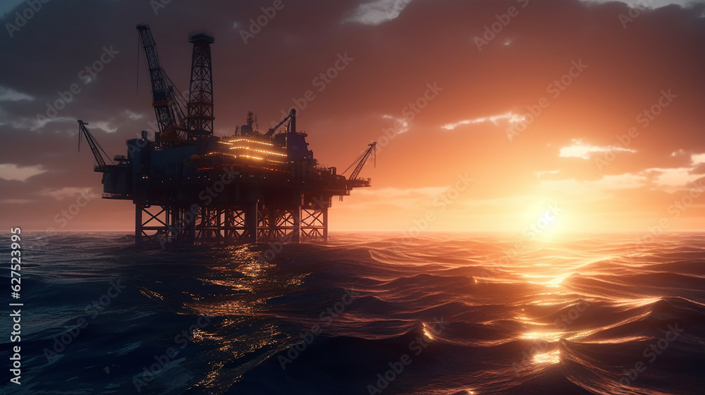 
Aerial view offshore drilling rig (jack-up rig), flatform oil and gas, Sunset view with the silhouette of  oil rig
Concept of exploration and petroleum production industry in the sea, Generative AI 