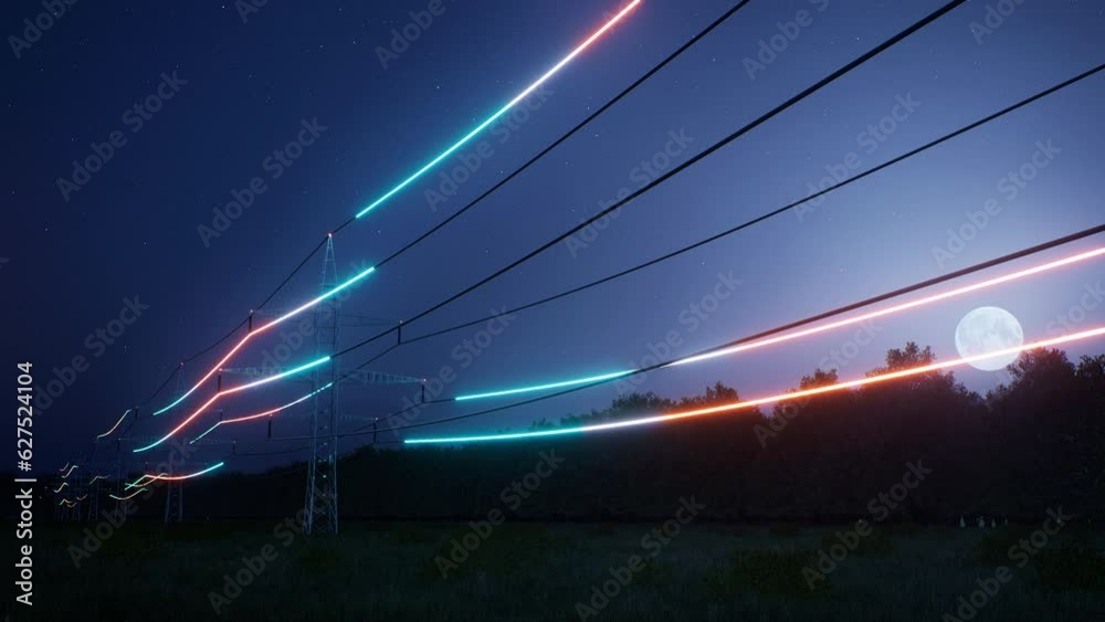 Visualization of fast moving energy travelling through power pole wires over night sky. Interconnected electrical grid network delivering electricity to households, 3d render animation