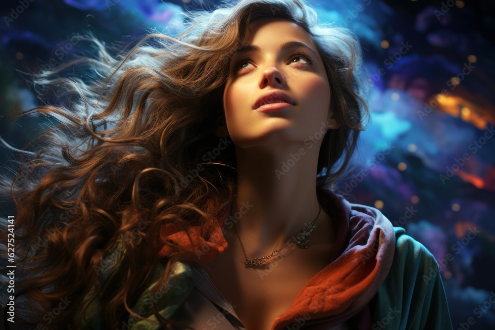 Fototapeta premium Ethereal portrait of a beautiful fictional young woman with colorful multicolored background. Generative AI digital illustration.