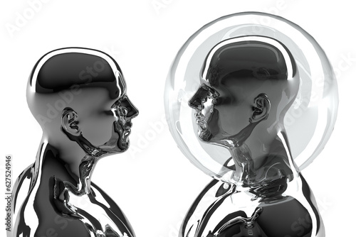 3D illustration. A couple of metal mannequins and one of them in a security bubble. 