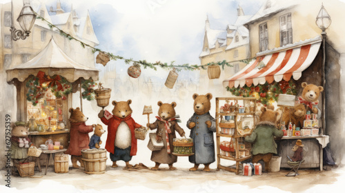 Traditional Christmas market stylization . Animals shopping at street Christmas market. Illustration  generated ai