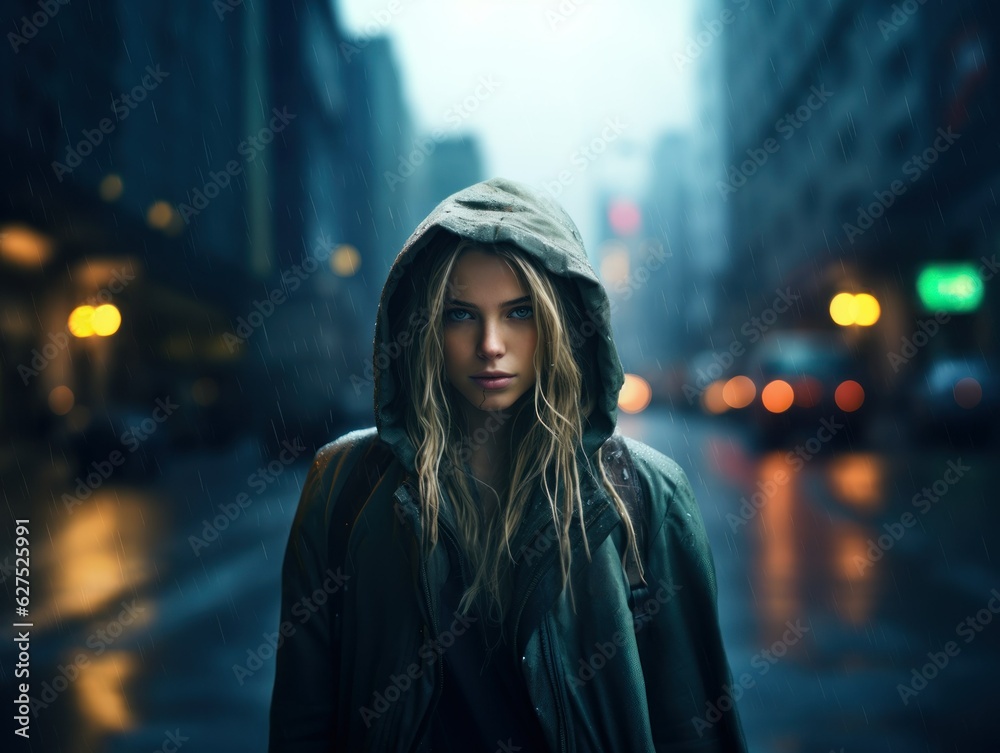 Street portrait of a fictional beautiful young woman wearing warm clothes under the rain in a big city at night. Generative AI.