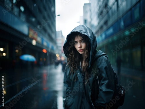 Street portrait of a fictional beautiful young woman wearing warm clothes under the rain in a big city at night. Generative AI.