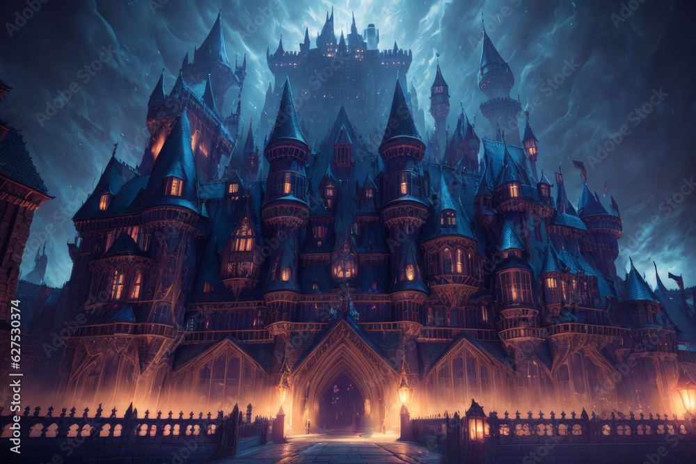 Fototapeta premium Horror Scary Mansion Castle at Night Stormy Cloudy Sky Wallpaper Background