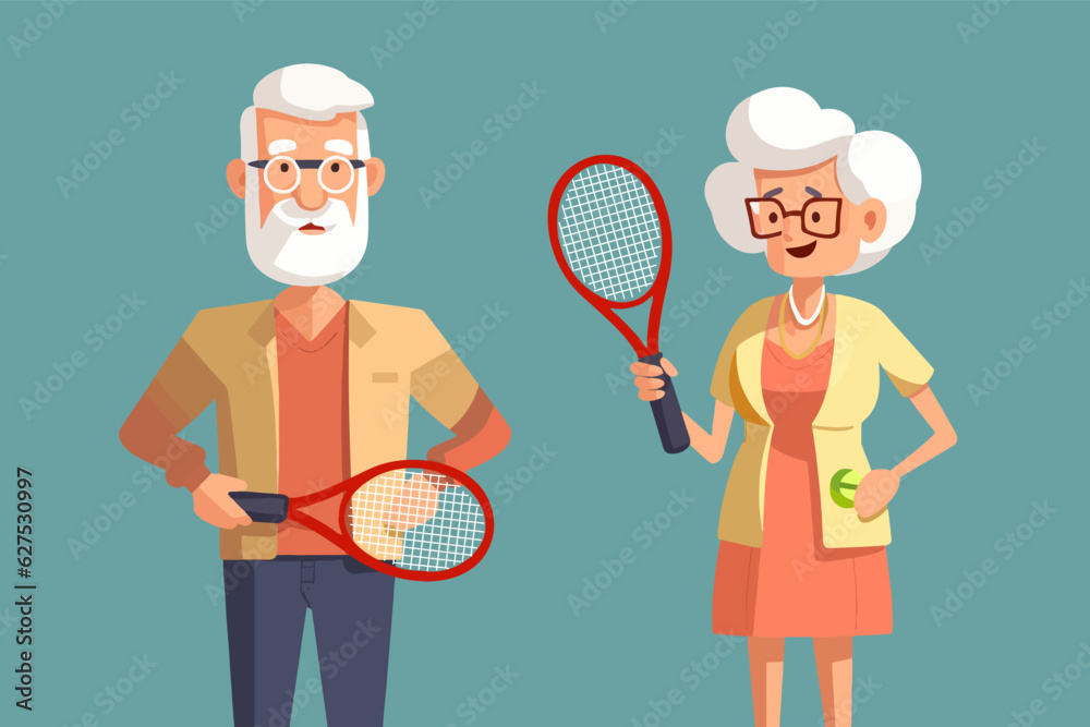 A happy old retired couple playing tennis. Active lifestyle of a retired people doing sports. Vector illustration
