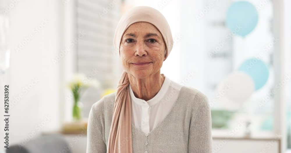 Face, elderly woman and cancer patient in hospital for healthcare, wellness and healing. Portrait, senior and sick person in clinic with strong mindset for courage to fight for health in retirement