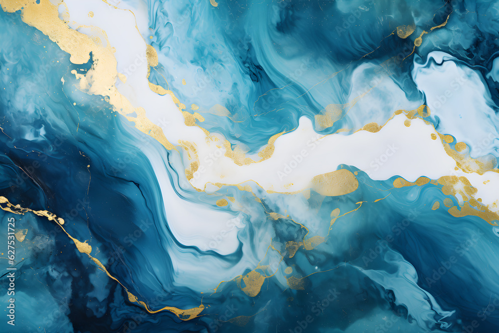 Abstract ocean Natural Luxury. Style incorporates the swirls of marble or the ripples of agate. Very beautiful blue paint with the addition of gold powder, AI generate