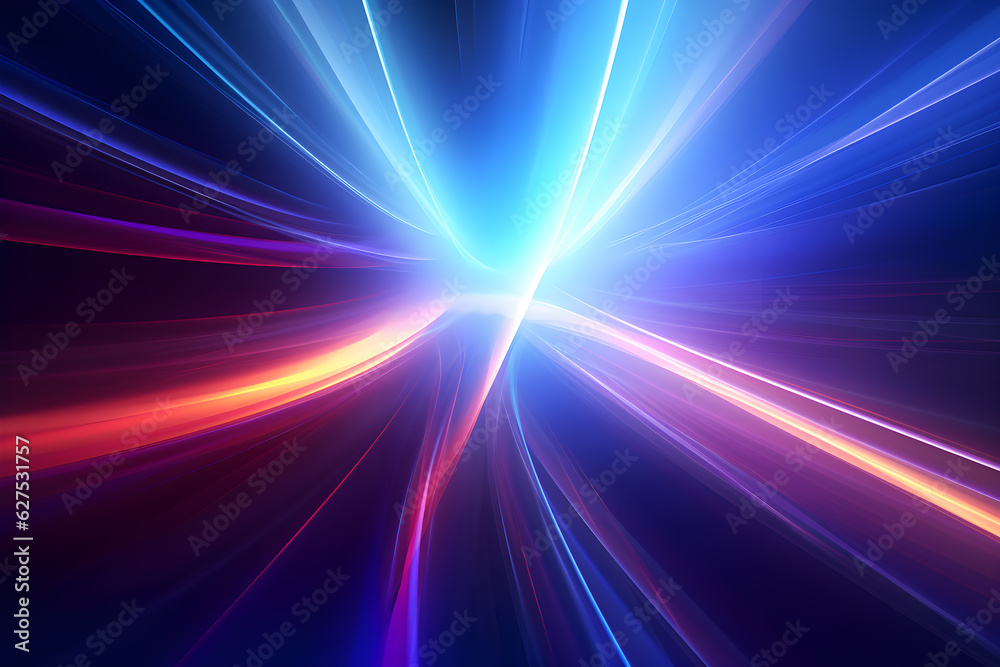 abstract multicolor spectrum background, bright orange blue neon rays and colorful glowing lines, AI generate