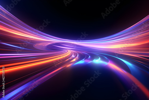 abstract background with motion blur multicolor spectrum bright orange blue neon rays and colorful glowing lines, AI generate