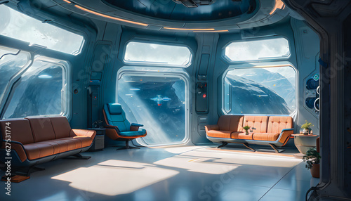 Space Base Odyssey, Futuristic Interior. Generative AI.