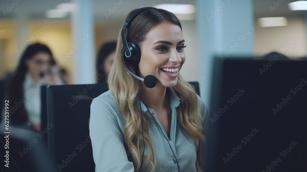 Friendly female officer smiling happily in headset working on computer in call center. Friendly female officer smiling happily in headset working on computer in call center.