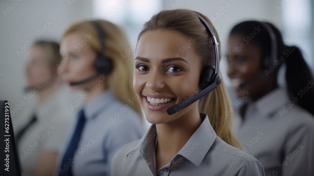 Friendly female officer smiling happily in headset working on computer in call center. Friendly female officer smiling happily in headset working on computer in call center.
