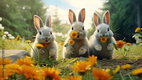 A Group of cute little Rabbits Sitting together on Wood On green Grass on Bokeh Nature Background little rabbit Family © Phoophinyo