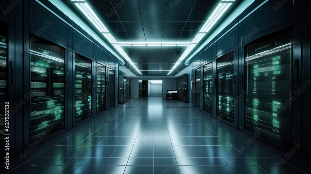 A Great view of the Mainframe in a Large Server Room Data Center row with Network server Racks Connected in a data center server. Generated AI