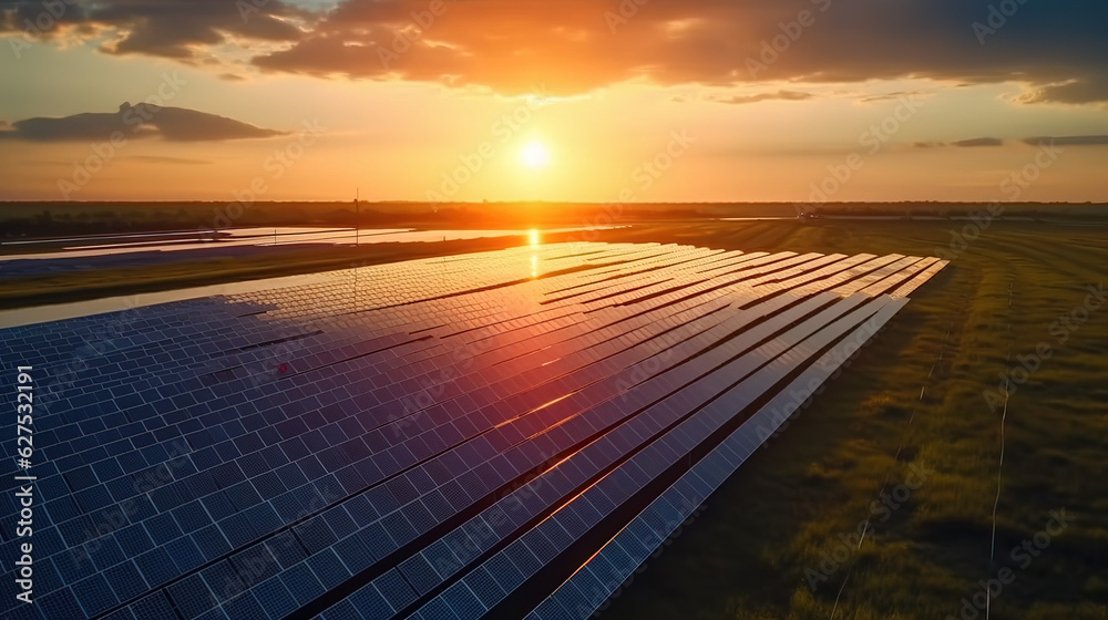 A Beautiful Sunset, Solar Panels in aerial view, solar Farm and Power Generation Equipment.