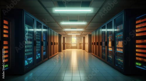 A Great view of the Mainframe in a Large Server Room Data Center row with Network server Racks Connected in a data center server. Generated AI
