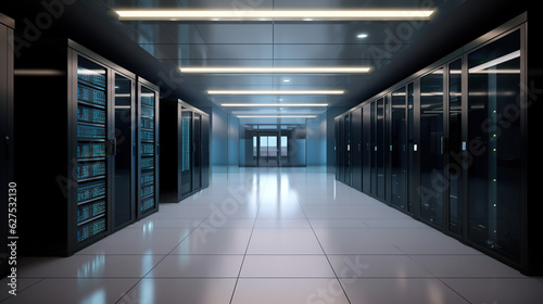 A Great view of the Mainframe in a Large Server Room Data Center row with Network server Racks Connected in a data center server. Generated AI