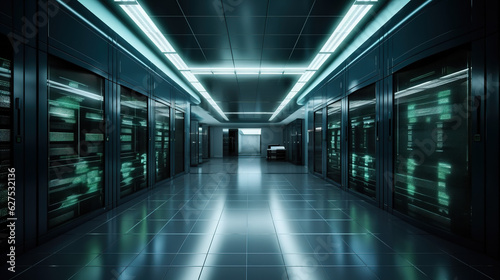 A Great view of the Mainframe in a Large Server Room Data Center row with Network server Racks Connected in a data center server. Generated AI