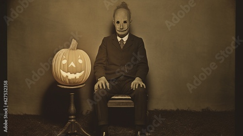Mysterious Pumpkin Enigma: Vintage Photograph Reveals a Man with a Pumpkin Head, Unearthing Curiosities of the Past