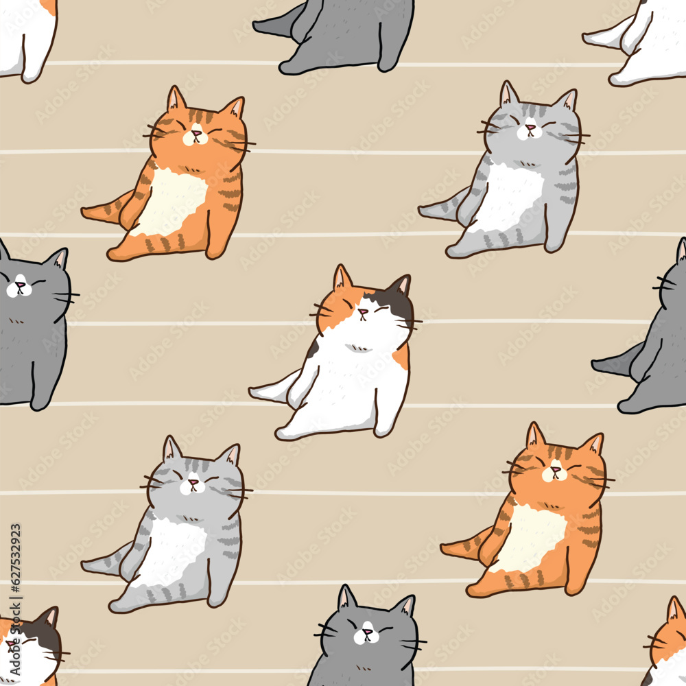 Seamless Pattern of Cute Cartoon Cat Design on Light Brown Background with Lines