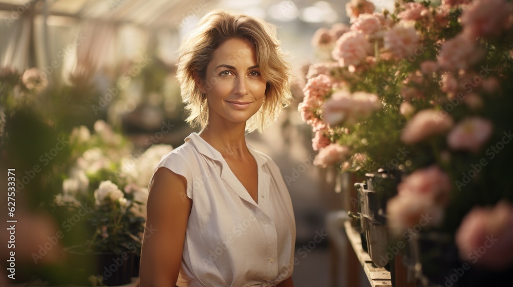Handsome woman standing in plant nursery. Made with Generative AI. Handsome woman standing in plant nursery. Made with Generative AI.
