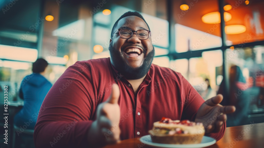 Fat happy african american man 30 years old with a cake on cafe. Fat happy african american man 30 years old with a cake on cafe.