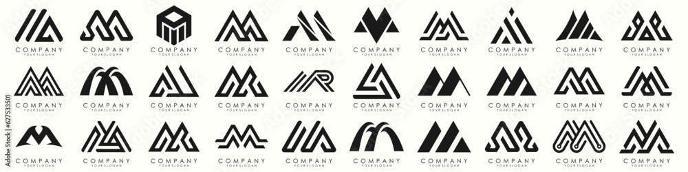 Set of letter M logo design vector. Collection of modern M letter design in black.
