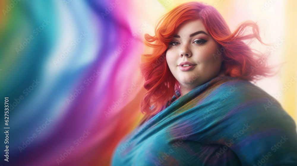 Fototapeta premium Beautiful fat young blonde woman blur soft colorful background photo. AI generation