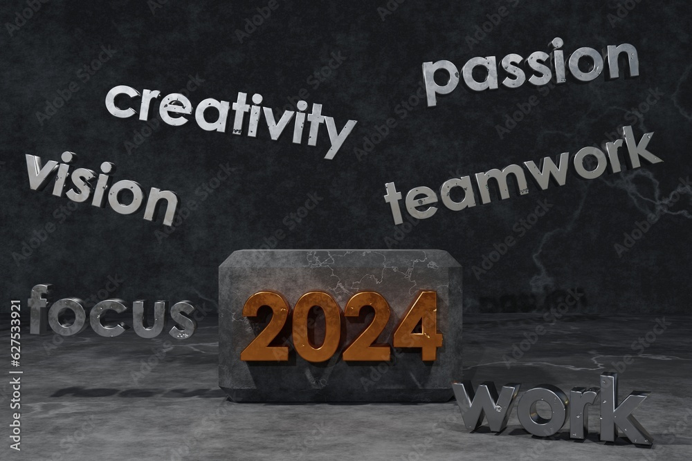 Fototapeta premium new year concept. 3d rendering, text 2024 on concentrate floor. motivation in the future. 