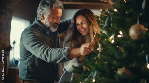 Couple in middle age decorating christmas tree. Generated ai.