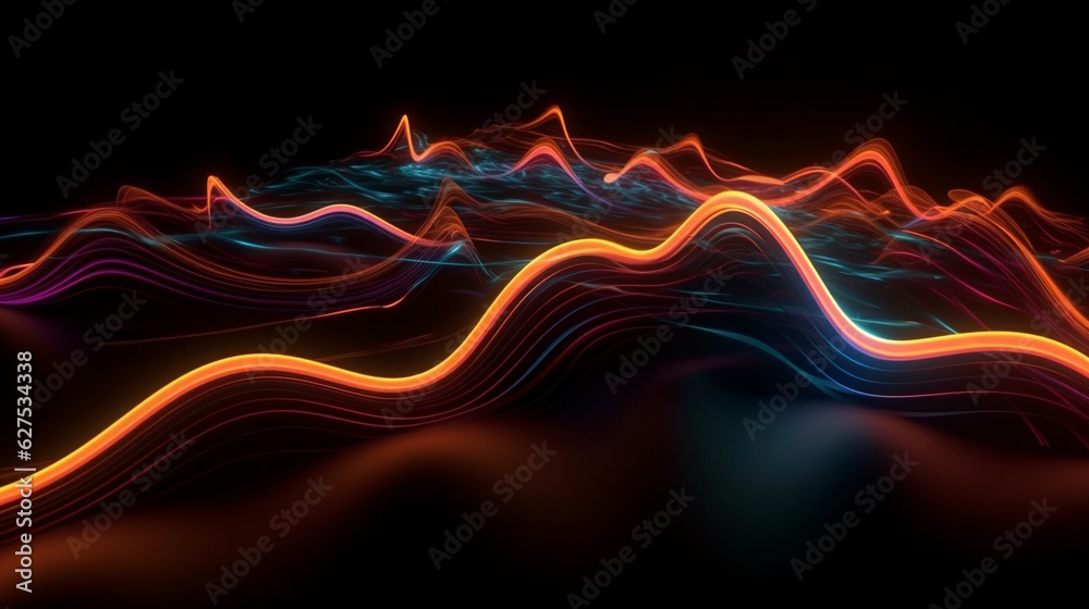Fototapeta premium 3D Rendering of Abstract Background with Colorful Neon Wavy Lines, Glowing and Mesmerizing in the Dark. Generative AI