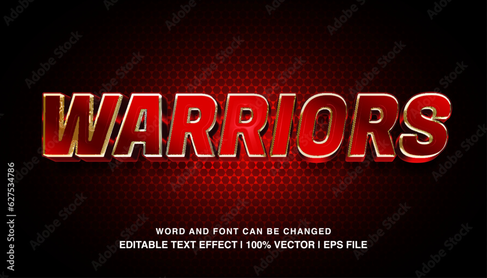 Warriors editable text effect template, red color 3d bold glossy style typeface. premium vector