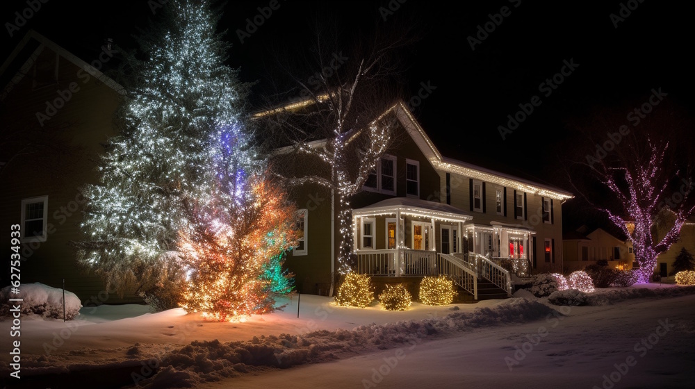 Festive Outdoor Holiday Display with Christmas Tree, Festive Lighting, and Seasonal Decorations, Creating a Beautifully Decorated Winter Wonderland. Generative AI
