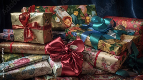 Christmas Gifts - A Colorful Background with Multiple Presents Wrapped in Different Wrapping Paper, Ribbons, and Bows, Evoking the Excitement of Christmas Morning. Generative AI