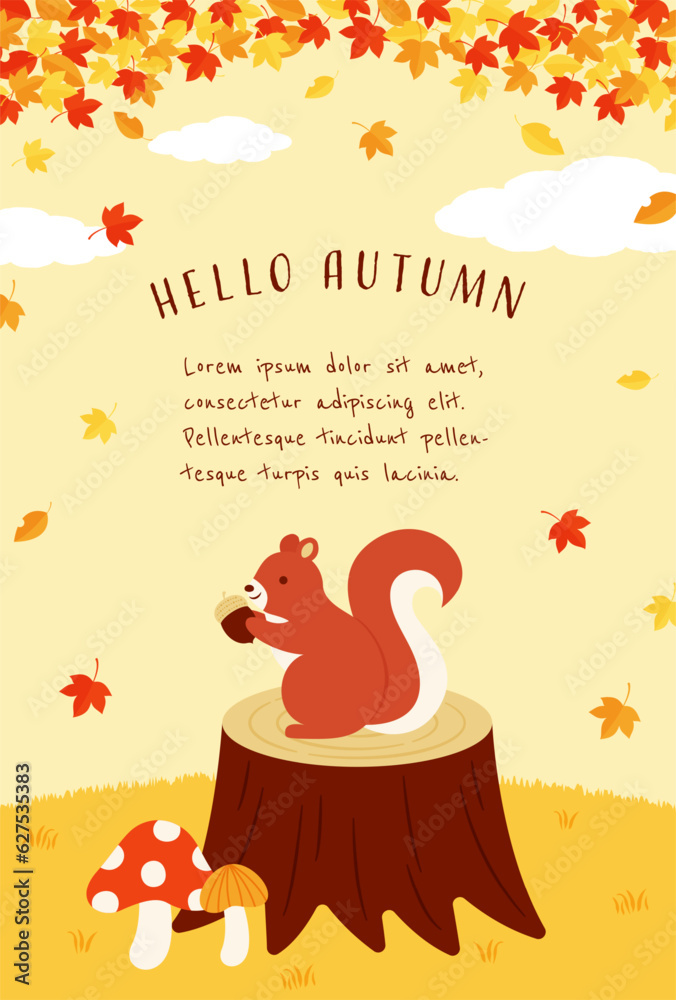 autumn forest vector background with a squirrel and leaves for banners, cards, flyers, social media wallpapers, etc.